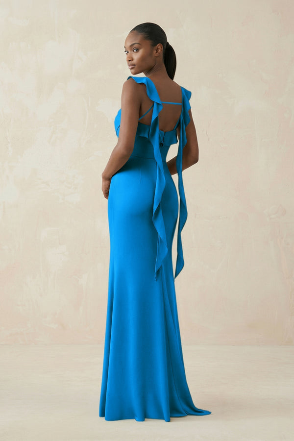 Ruffled Sleeve Sheath Satin Bridesmaid Dress in Blue Jay - KissProm Bridesmaid Dresses