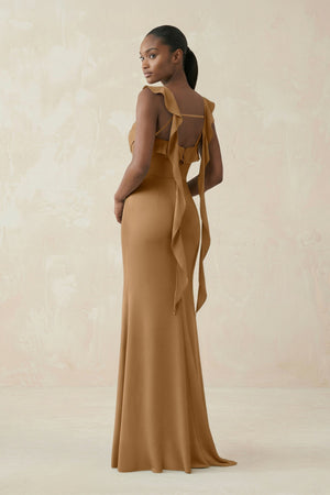 Ruffled Sleeve Sheath Satin Bridesmaid Dress in Bronzer - KissProm Bridesmaid Dresses