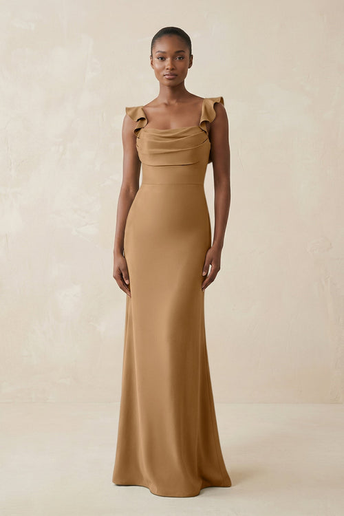 Ruffled Sleeve Sheath Satin Bridesmaid Dress in Bronzer - KissProm Bridesmaid Dresses
