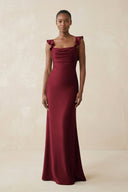 Ruffled Sleeve Sheath Satin Bridesmaid Dress in Burgundy - KissProm Bridesmaid Dresses