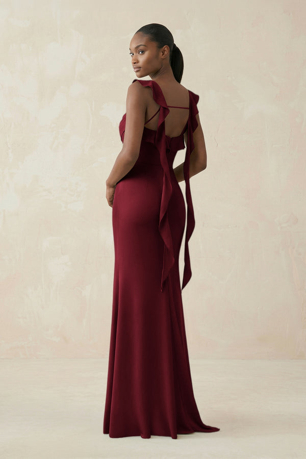 Ruffled Sleeve Sheath Satin Bridesmaid Dress in Burgundy - KissProm Bridesmaid Dresses