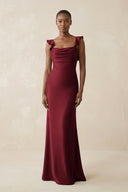 Ruffled Sleeve Sheath Satin Bridesmaid Dress in Burgundy - KissProm Bridesmaid Dresses