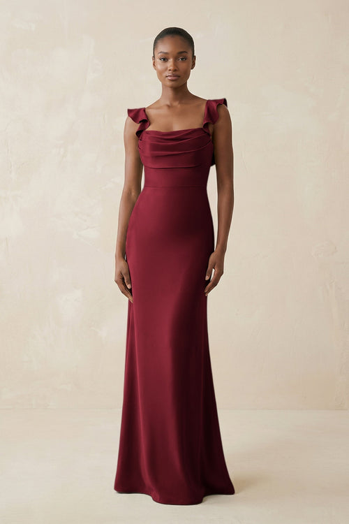 Ruffled Sleeve Sheath Satin Bridesmaid Dress in Burgundy - KissProm Bridesmaid Dresses