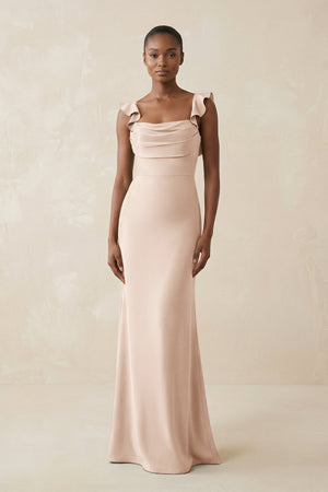 Ruffled Sleeve Sheath Satin Bridesmaid Dress in Buttercream - KissProm Bridesmaid Dresses