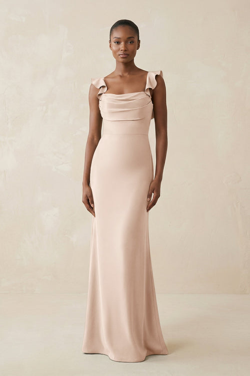 Ruffled Sleeve Sheath Satin Bridesmaid Dress in Buttercream - KissProm Bridesmaid Dresses