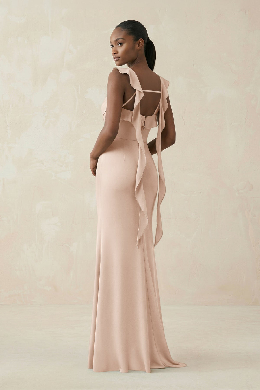 Ruffled Sleeve Sheath Satin Bridesmaid Dress in Buttercream - KissProm Bridesmaid Dresses
