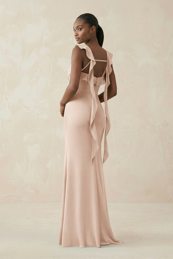 Ruffled Sleeve Sheath Satin Bridesmaid Dress in Buttercream - KissProm Bridesmaid Dresses