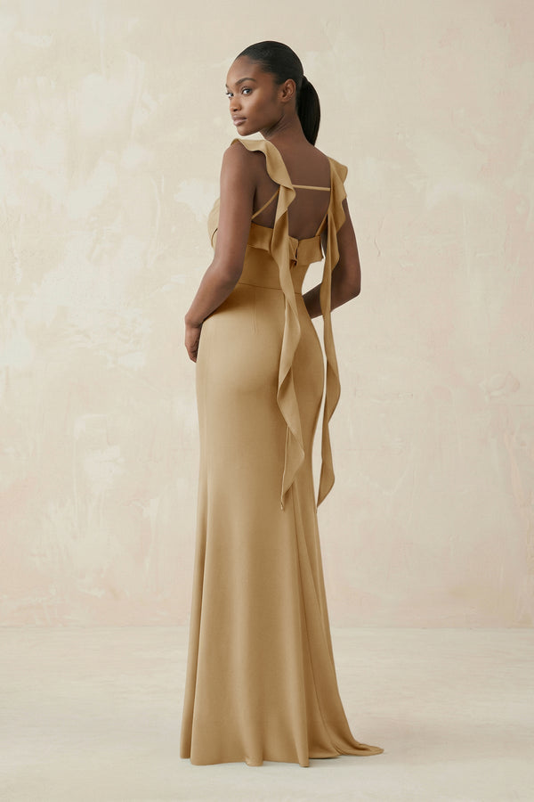 Ruffled Sleeve Sheath Satin Bridesmaid Dress in Champagne - KissProm Bridesmaid Dresses