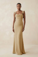 Ruffled Sleeve Sheath Satin Bridesmaid Dress in Champagne - KissProm Bridesmaid Dresses
