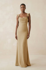 Ruffled Sleeve Sheath Satin Bridesmaid Dress in Champagne - KissProm Bridesmaid Dresses
