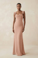 Ruffled Sleeve Sheath Satin Bridesmaid Dress in Champagne Rose - KissProm Bridesmaid Dresses