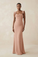 Ruffled Sleeve Sheath Satin Bridesmaid Dress in Champagne Rose - KissProm Bridesmaid Dresses
