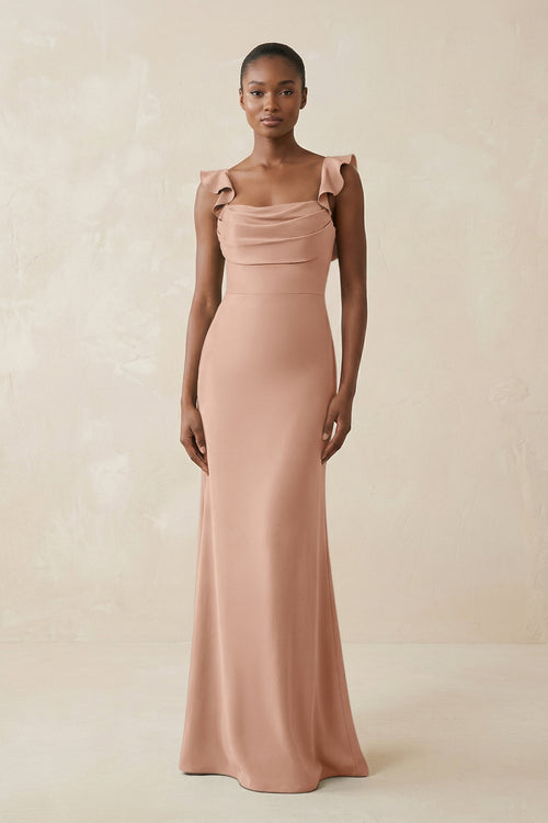Ruffled Sleeve Sheath Satin Bridesmaid Dress in Champagne Rose - KissProm Bridesmaid Dresses