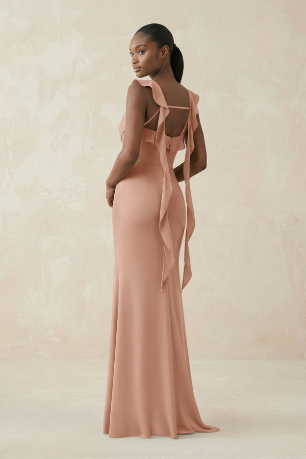 Ruffled Sleeve Sheath Satin Bridesmaid Dress in Champagne Rose - KissProm Bridesmaid Dresses