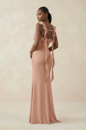Ruffled Sleeve Sheath Satin Bridesmaid Dress in Champagne Rose - KissProm Bridesmaid Dresses