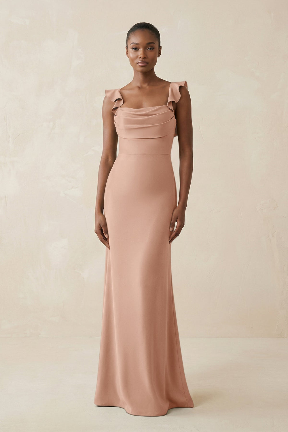 Ruffled Sleeve Sheath Satin Bridesmaid Dress in Champagne Rose - KissProm Bridesmaid Dresses