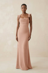 Ruffled Sleeve Sheath Satin Bridesmaid Dress in Champagne Rose - KissProm Bridesmaid Dresses
