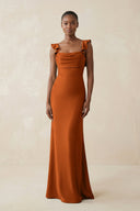 Ruffled Sleeve Sheath Satin Bridesmaid Dress in Cinnamon - KissProm Bridesmaid Dresses