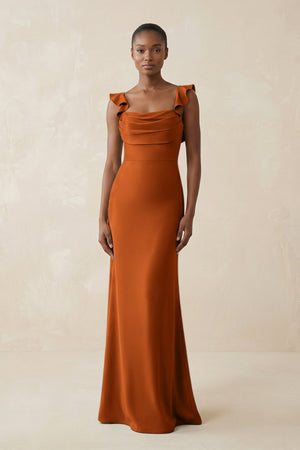 Ruffled Sleeve Sheath Satin Bridesmaid Dress in Cinnamon - KissProm Bridesmaid Dresses