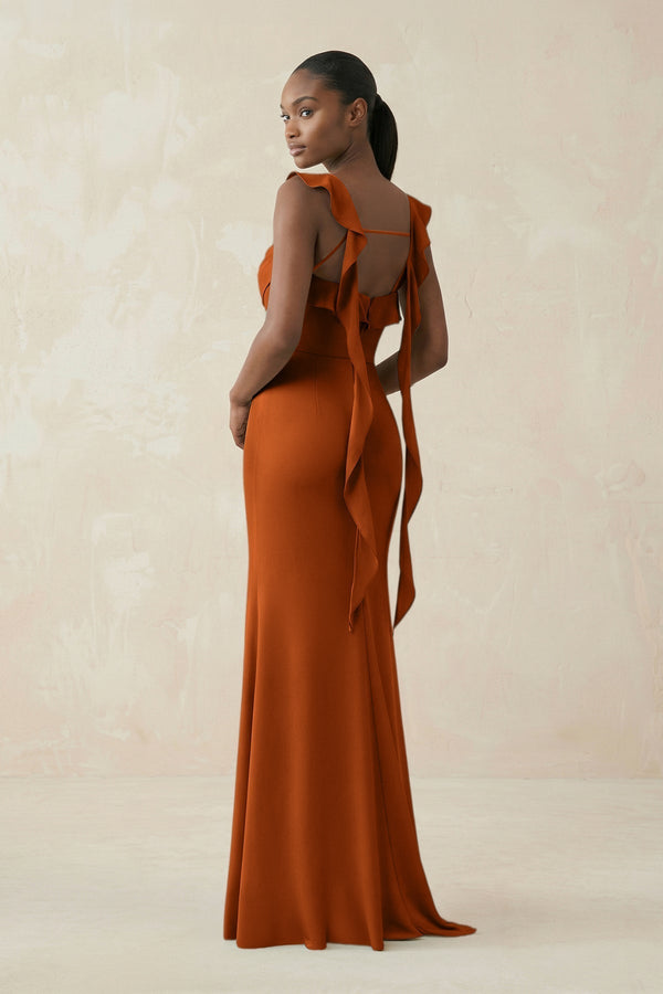 Ruffled Sleeve Sheath Satin Bridesmaid Dress in Cinnamon - KissProm Bridesmaid Dresses