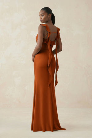 Ruffled Sleeve Sheath Satin Bridesmaid Dress in Cinnamon - KissProm Bridesmaid Dresses