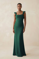 Ruffled Sleeve Sheath Satin Bridesmaid Dress in Dark Green - KissProm Bridesmaid Dresses