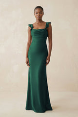 Ruffled Sleeve Sheath Satin Bridesmaid Dress in Dark Green - KissProm Bridesmaid Dresses