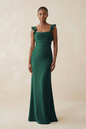 Ruffled Sleeve Sheath Satin Bridesmaid Dress in Dark Green - KissProm Bridesmaid Dresses