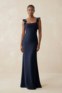 Ruffled Sleeve Sheath Satin Bridesmaid Dress in Dark Navy - KissProm Bridesmaid Dresses