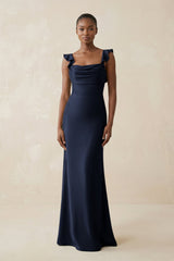 Ruffled Sleeve Sheath Satin Bridesmaid Dress in Dark Navy - KissProm Bridesmaid Dresses