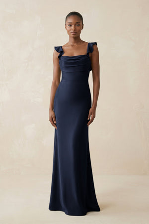 Ruffled Sleeve Sheath Satin Bridesmaid Dress in Dark Navy - KissProm Bridesmaid Dresses