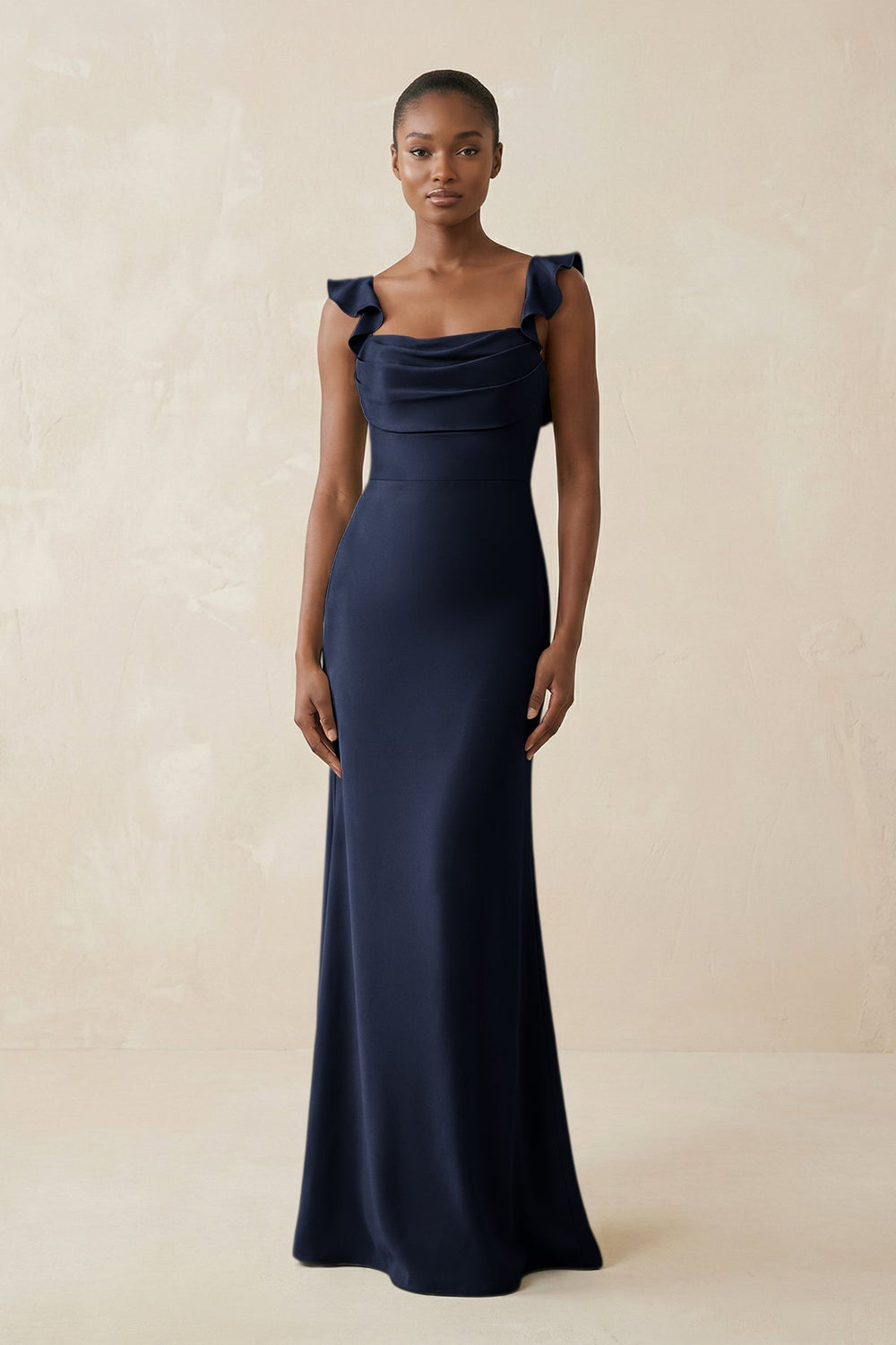 Ruffled Sleeve Sheath Satin Bridesmaid Dress in Dark Navy - KissProm Bridesmaid Dresses