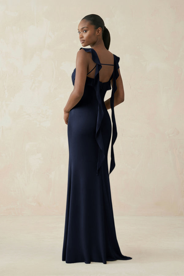 Ruffled Sleeve Sheath Satin Bridesmaid Dress in Dark Navy - KissProm Bridesmaid Dresses