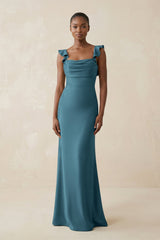 Ruffled Sleeve Sheath Satin Bridesmaid Dress in Dark Teal - KissProm Bridesmaid Dresses