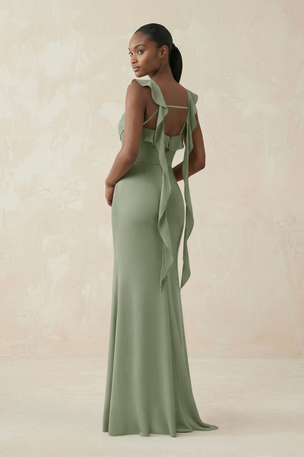Ruffled Sleeve Sheath Satin Bridesmaid Dress in Dove Gray - KissProm Bridesmaid Dresses