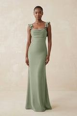 Ruffled Sleeve Sheath Satin Bridesmaid Dress in Dove Gray - KissProm Bridesmaid Dresses