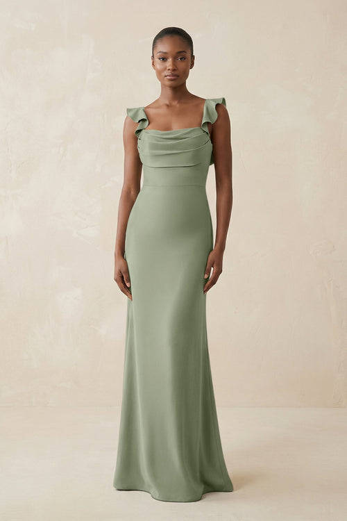 Ruffled Sleeve Sheath Satin Bridesmaid Dress in Dove Gray - KissProm Bridesmaid Dresses