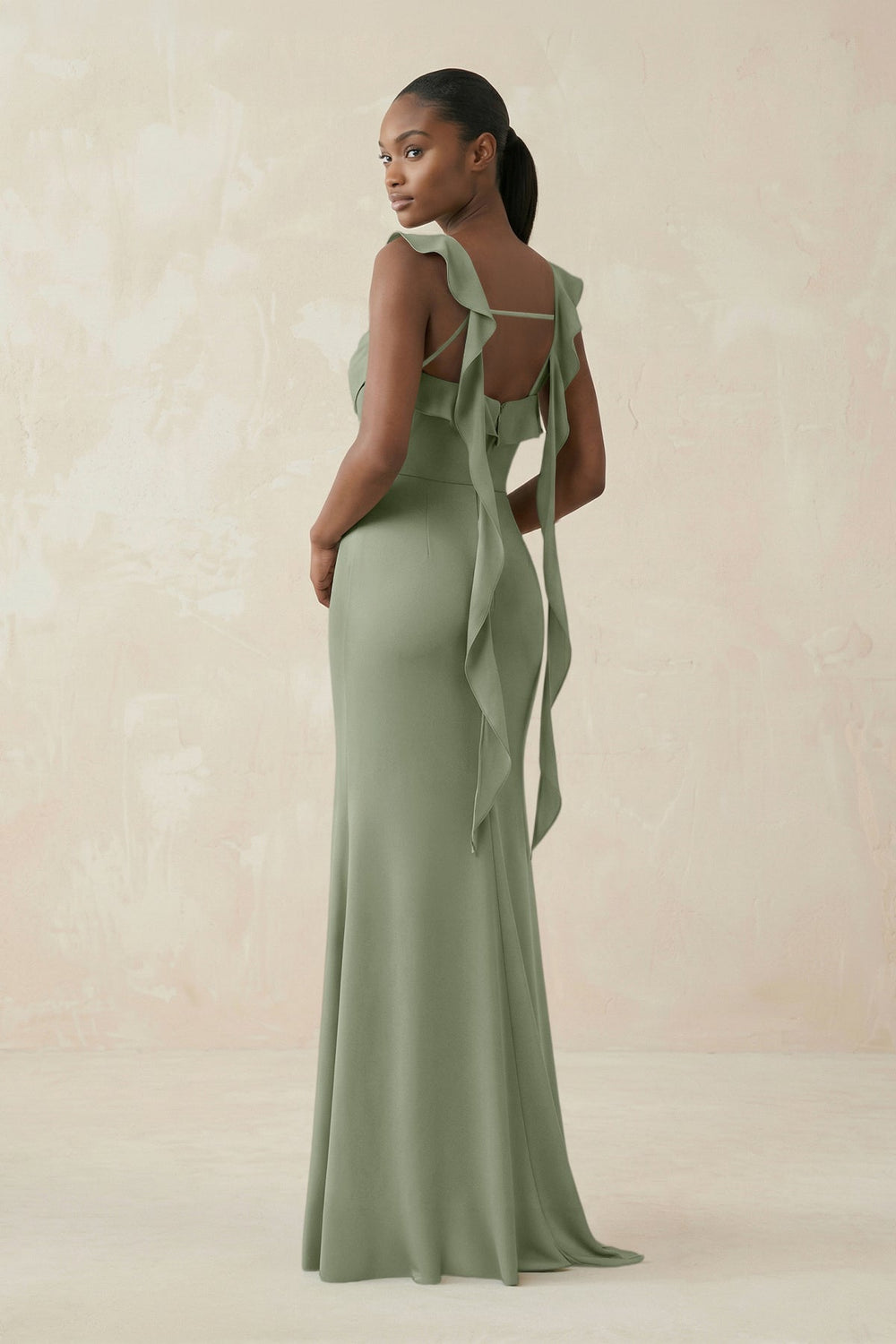 Ruffled Sleeve Sheath Satin Bridesmaid Dress in Dove Gray - KissProm Bridesmaid Dresses