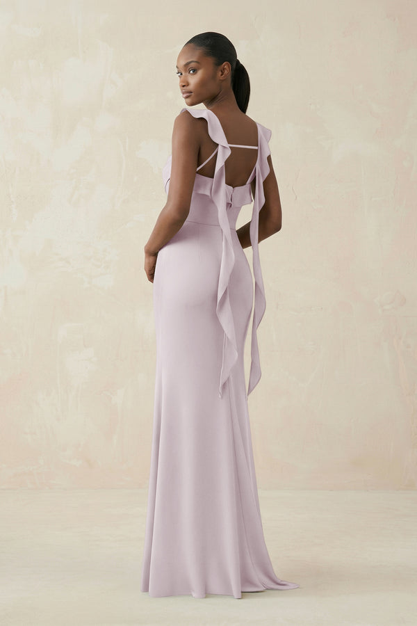 Ruffled Sleeve Sheath Satin Bridesmaid Dress in Dusk - KissProm Bridesmaid Dresses