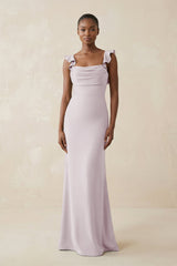 Ruffled Sleeve Sheath Satin Bridesmaid Dress in Dusk - KissProm Bridesmaid Dresses