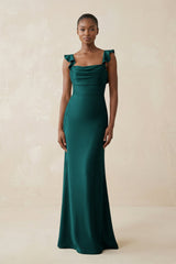 Ruffled Sleeve Sheath Satin Bridesmaid Dress in Emerald - KissProm Bridesmaid Dresses