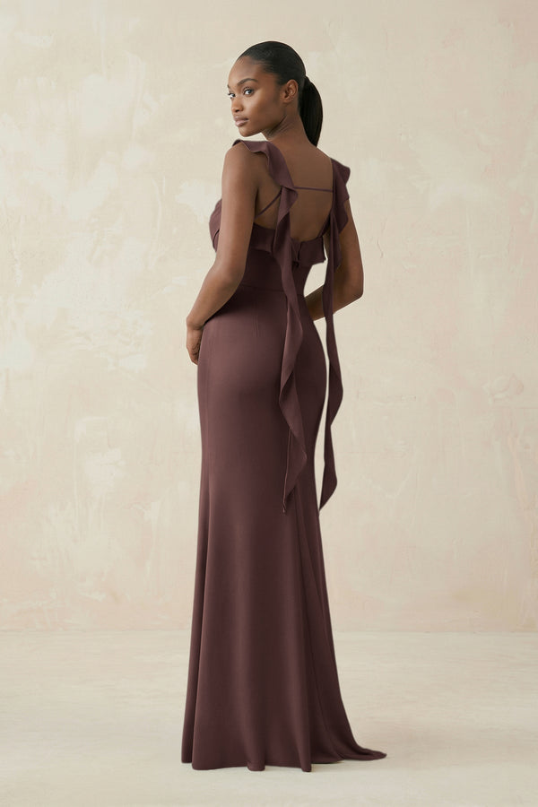Ruffled Sleeve Sheath Satin Bridesmaid Dress in Espresso - KissProm Bridesmaid Dresses