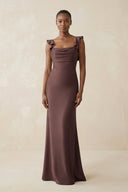 Ruffled Sleeve Sheath Satin Bridesmaid Dress in Espresso - KissProm Bridesmaid Dresses