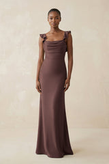 Ruffled Sleeve Sheath Satin Bridesmaid Dress in Espresso - KissProm Bridesmaid Dresses