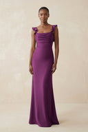 Ruffled Sleeve Sheath Satin Bridesmaid Dress in Fig - KissProm Bridesmaid Dresses