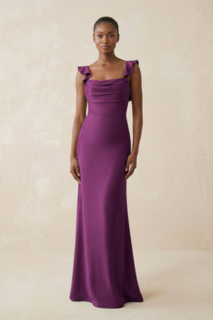 Ruffled Sleeve Sheath Satin Bridesmaid Dress in Fig - KissProm Bridesmaid Dresses