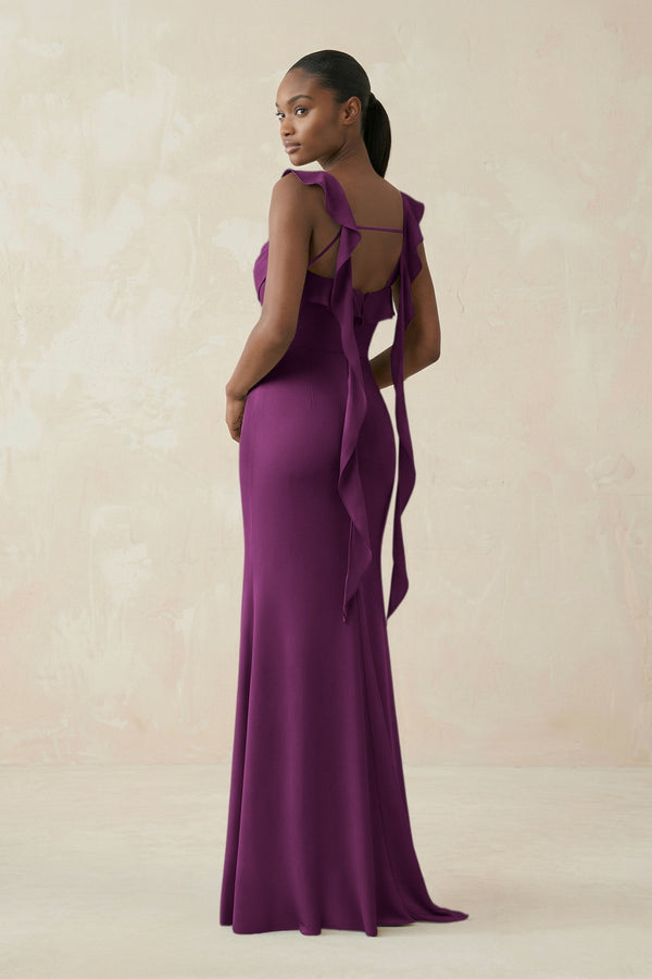 Ruffled Sleeve Sheath Satin Bridesmaid Dress in Fig - KissProm Bridesmaid Dresses