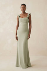 Ruffled Sleeve Sheath Satin Bridesmaid Dress in Frost - KissProm Bridesmaid Dresses