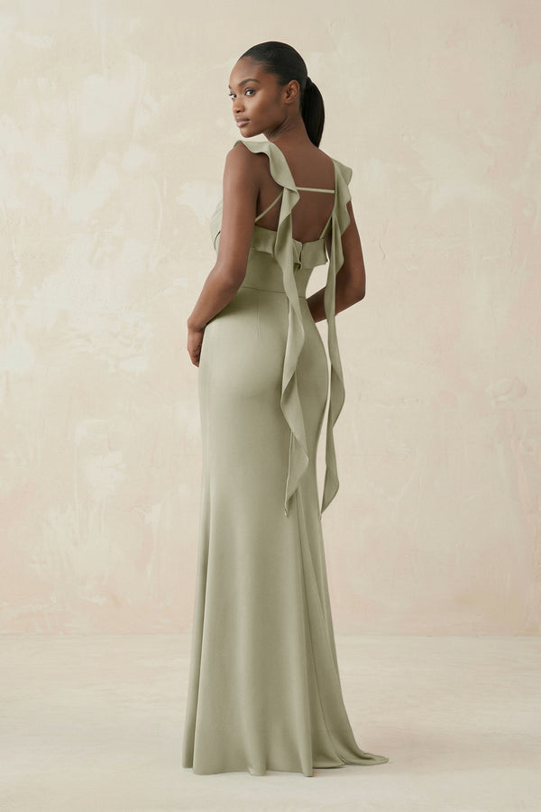 Ruffled Sleeve Sheath Satin Bridesmaid Dress in Frost - KissProm Bridesmaid Dresses