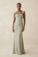 Ruffled Sleeve Sheath Satin Bridesmaid Dress in Frost - KissProm Bridesmaid Dresses